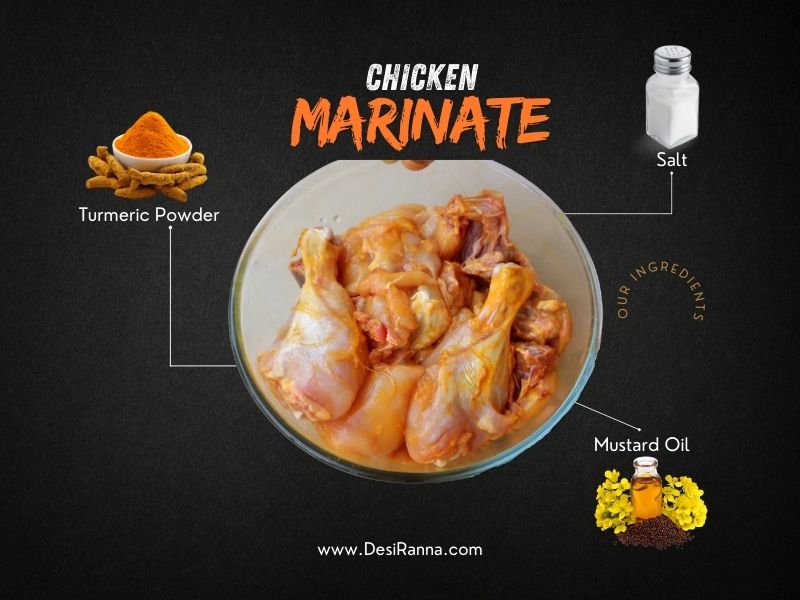 Chicken pieces marinated with turmeric and salt in a bowl.