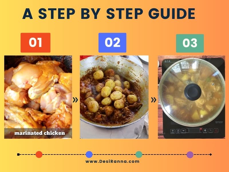 Chicken and fried potatoes cooking in a spiced gravy.